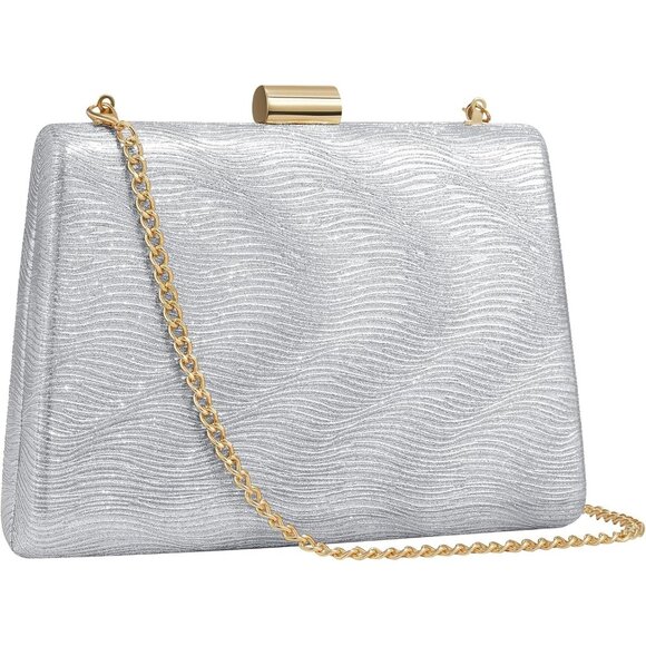 ⚡ Women's Detachable Chain Sparkly Evening Formal Parties Silver Clutch Bag - Picture 1 of 9